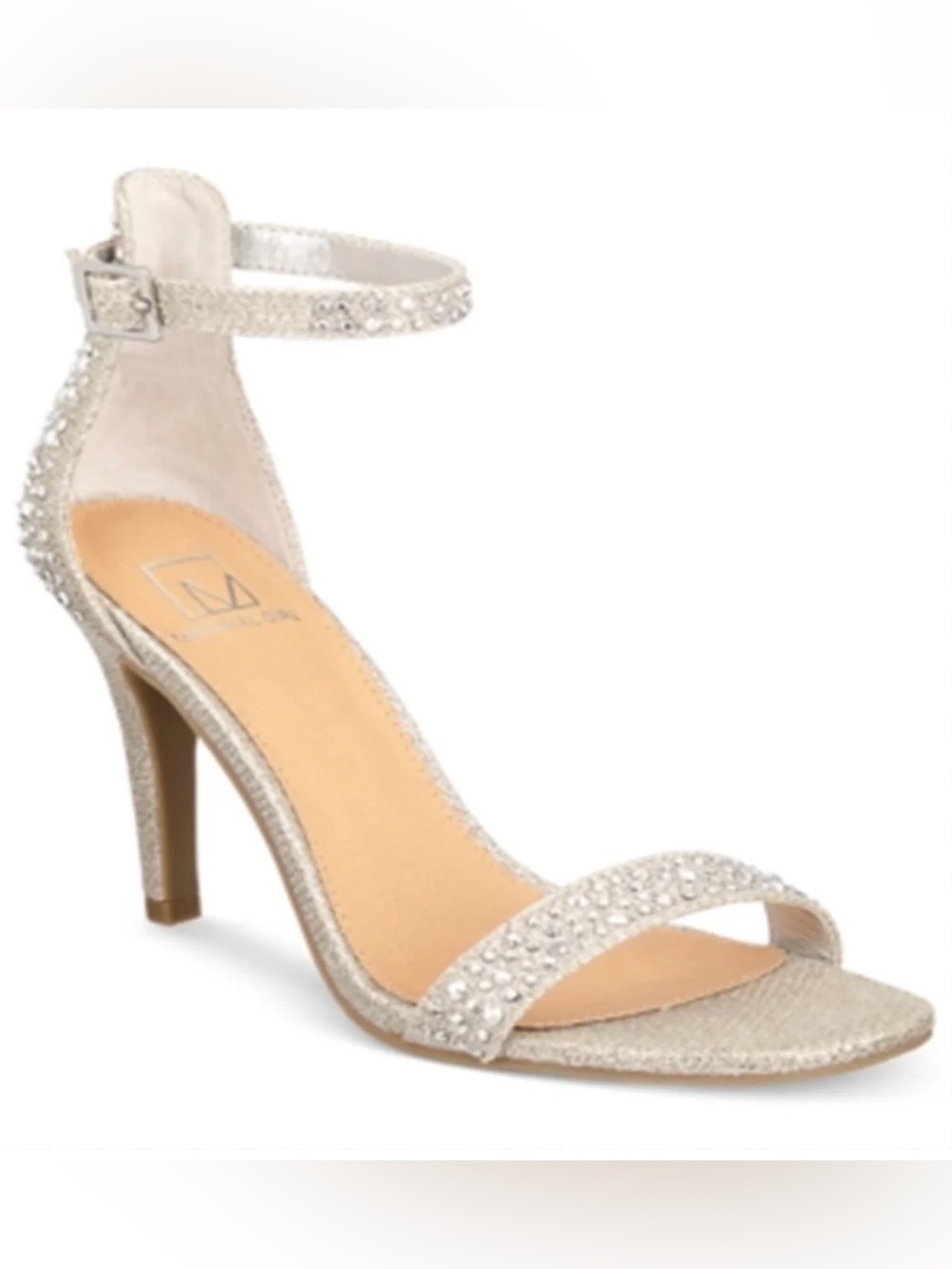 Material Girl Glitter Champagne Ankle-Strap Heels with Crystal Strap